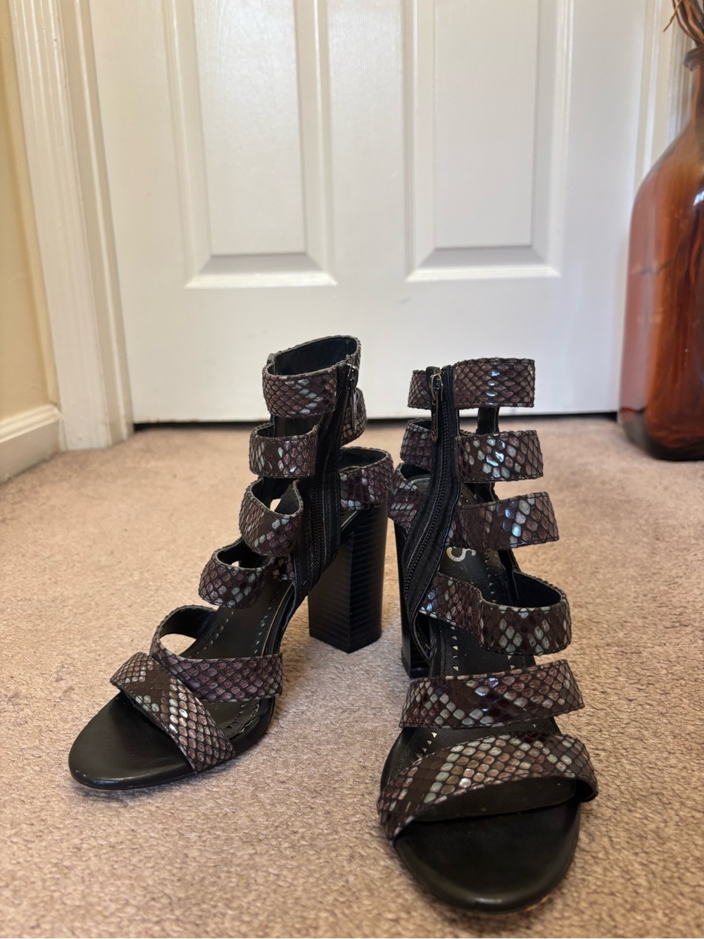 Circus by Sam Edelman Brown Snake-Print Strappy Block Heels